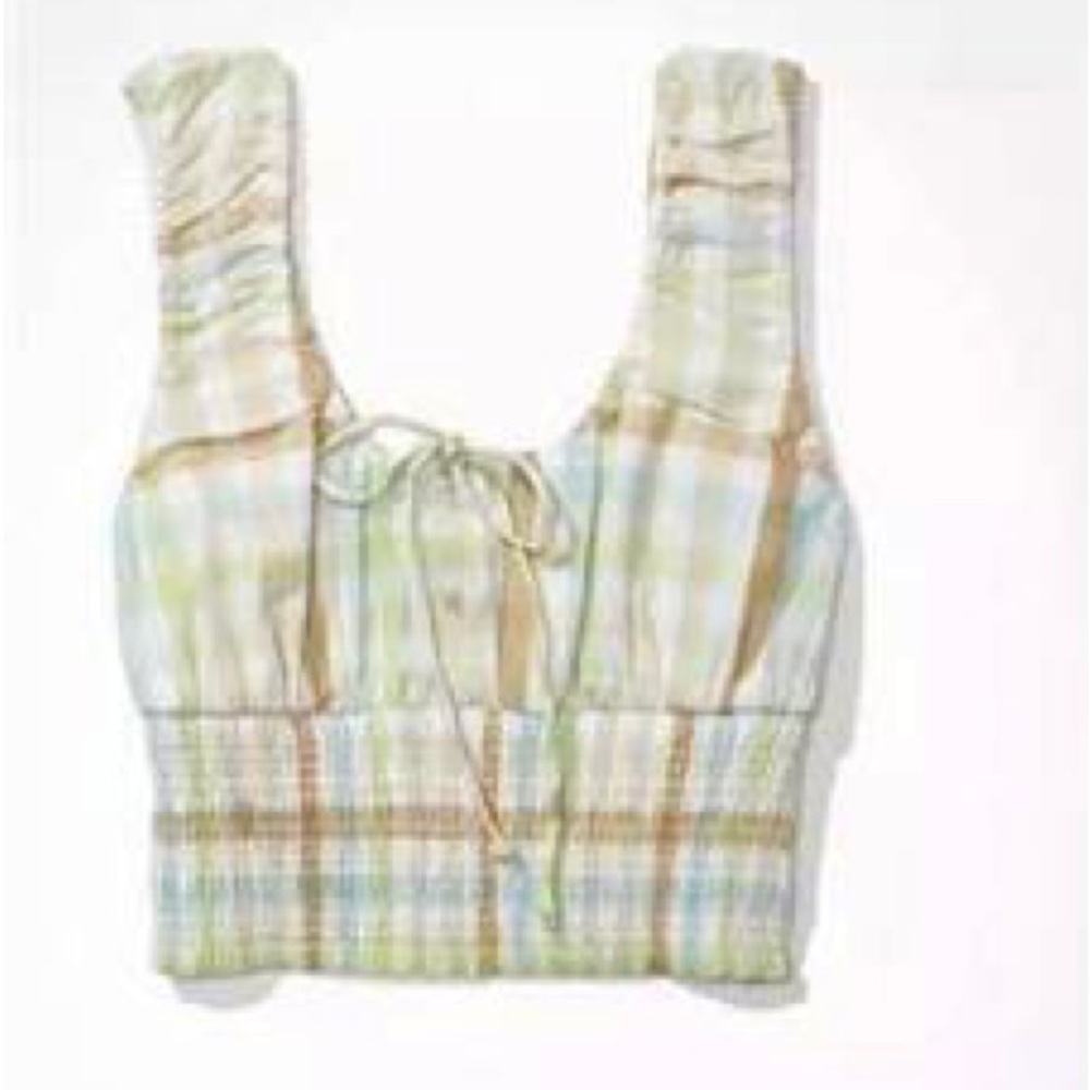 AMERICAN EAGLE Top Crop Ruched Midriff 3” Straps Cotton Lime White NWT Sz XL